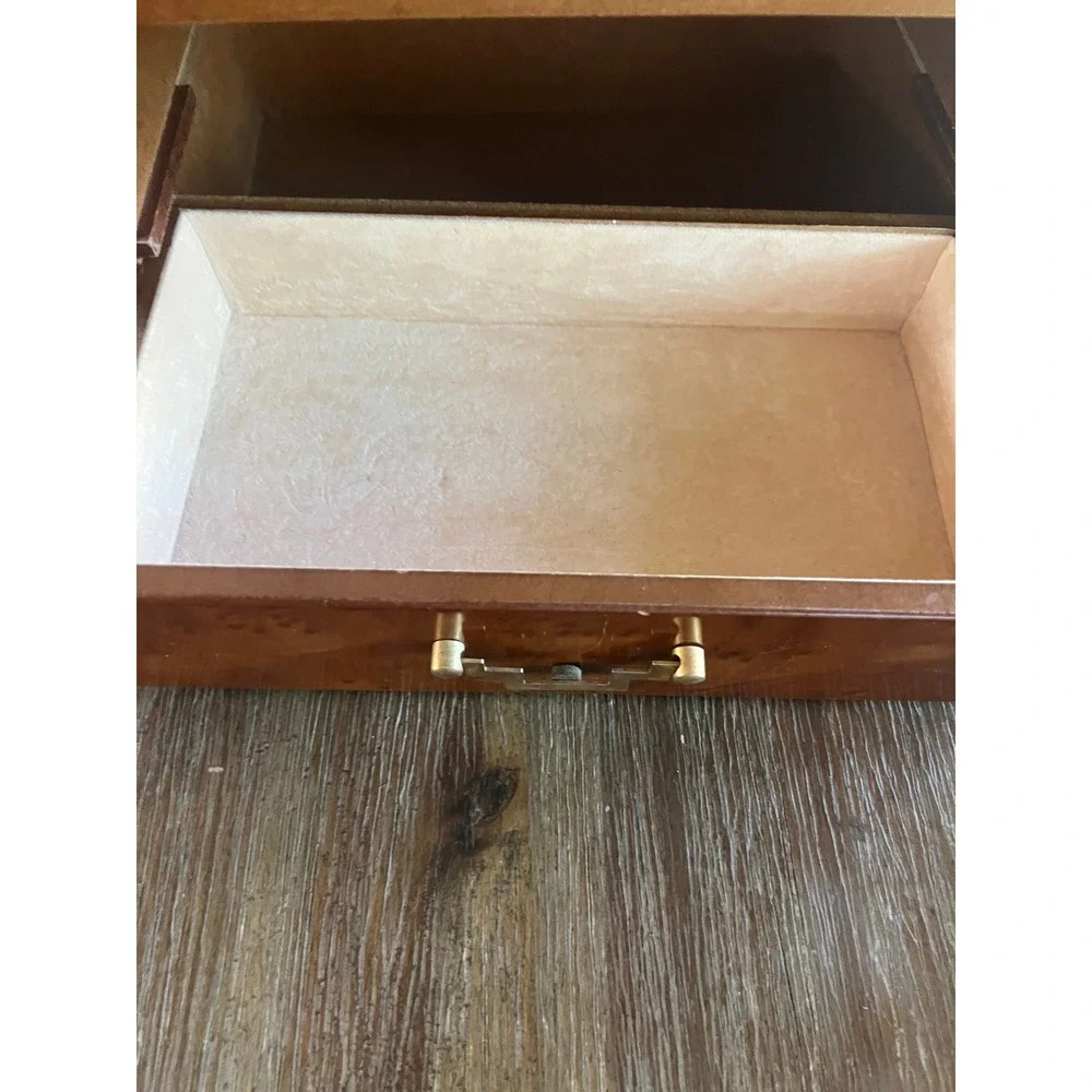 Vintage Burl Wood Jewelry Box Chest Brass Hardware 2 Drawers Necklace Hooks 10in